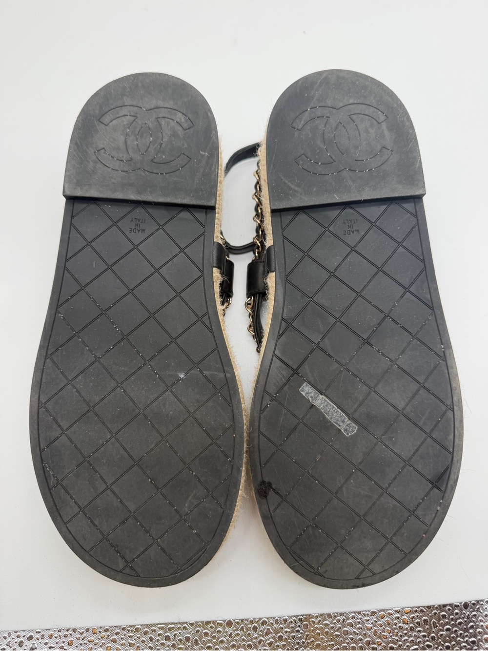 CHANEL Black Quilted Leather Chain Trim Espadrille Sandals Sz 38 - Picture 7 of 9
